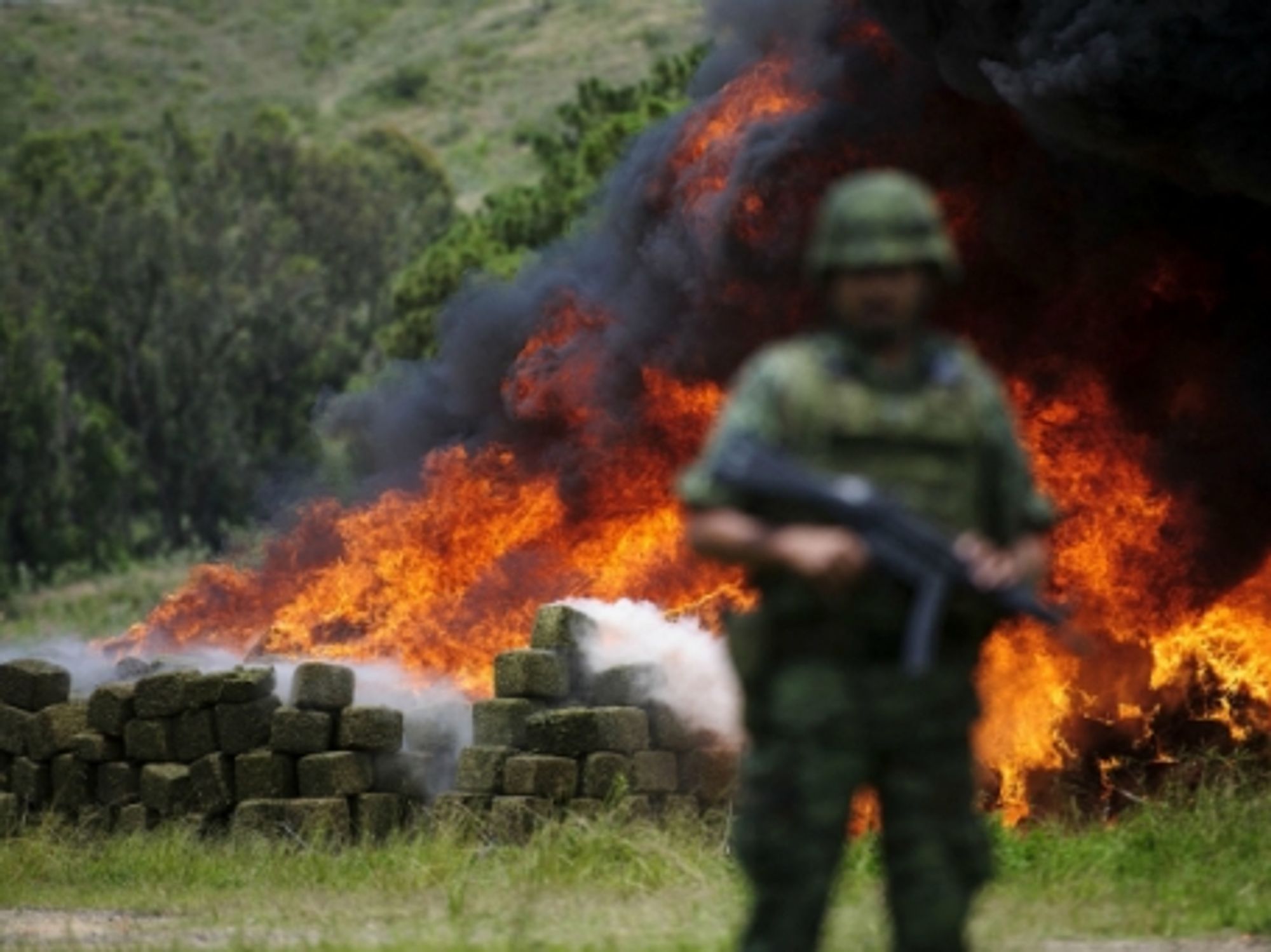 Police forces burning drugs in La Venta del Astillero, Mexico