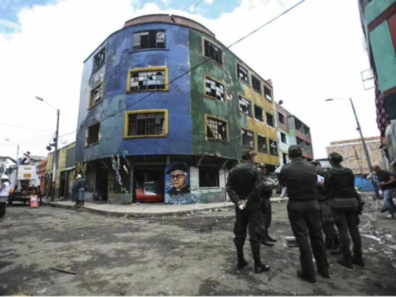 Police guard a street in Bogota.