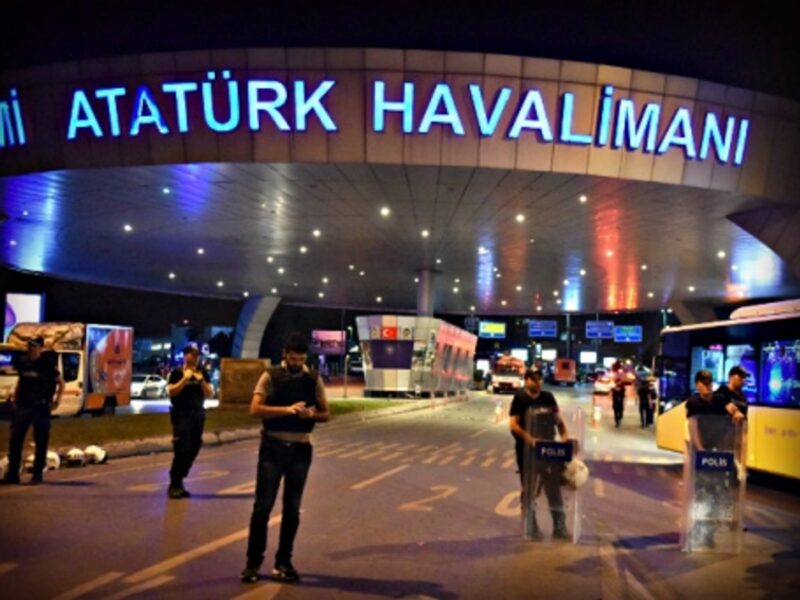 Police officers Tuesday night at the entrance to Istanbul's main airport.