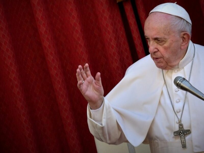 Pope Francis speaking in the Saint Damaso courtyard in the Vatican