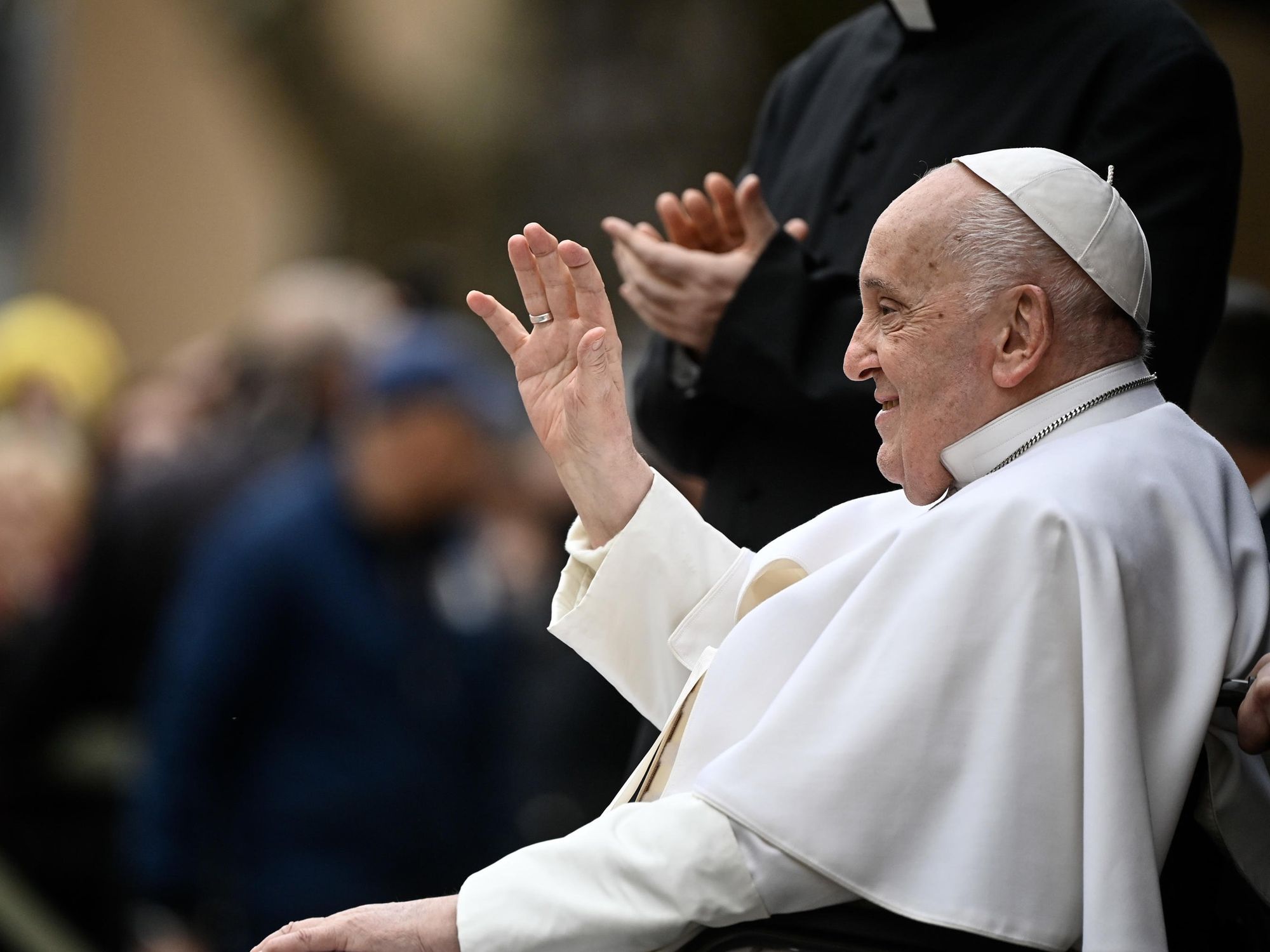Pope Francis waves at faithfuls during the celebration of the 24 Hours for the Lord.