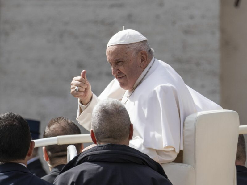 Pope Francis with his thumb up as he leaves his traditional Wednesday General Audience​ in St. Peter's Square in Vatican City.