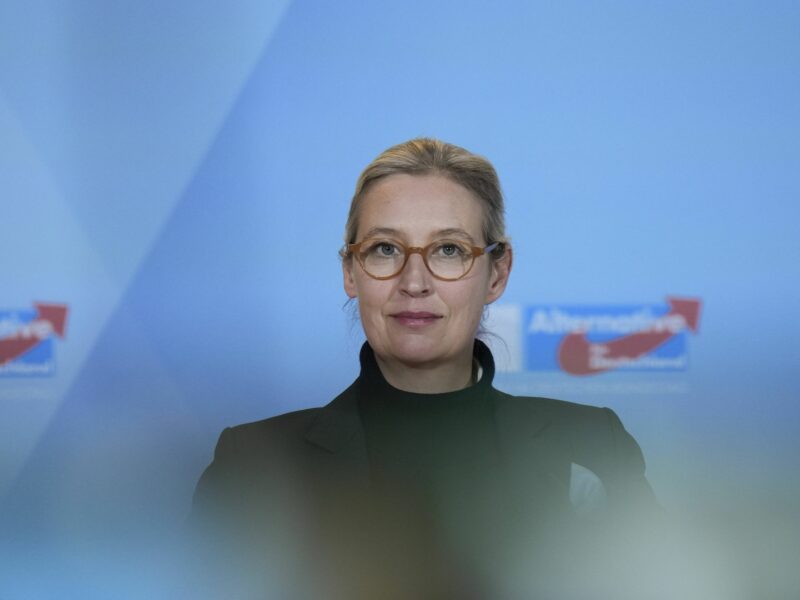 Portrait of Weidel, AfD logo on the background.