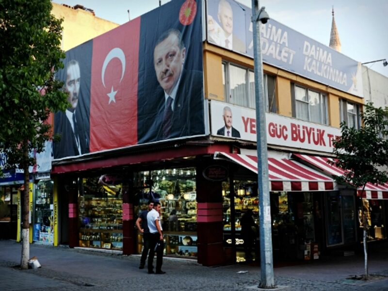 Portraits of Mustafa Kemal Ataturk and Recep Tayyip Erdogan in Selcuk on Sept. 27