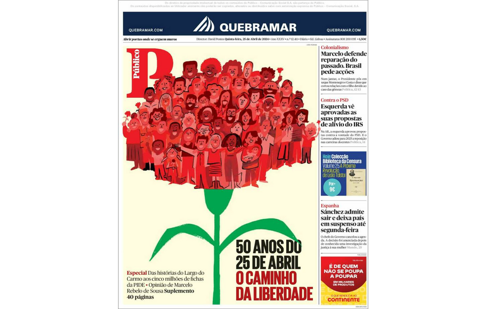 Portuguese daily Publico lended its Thursday front page to the 50-year anniversary of the Carnation Revolution and the "path to freedom" that it opened.
