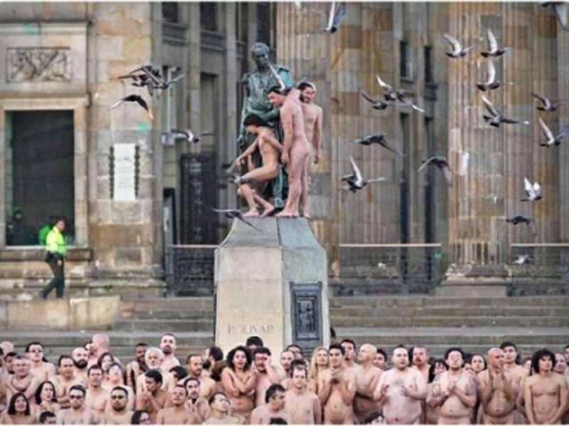 Preparing for the Spencer Tunick nude event in Bogota