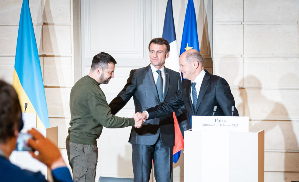 President Emmanuel Macron and Chancellor Olaf Scholz meeting Ukrainian President Vladimir Zelensky in Paris.