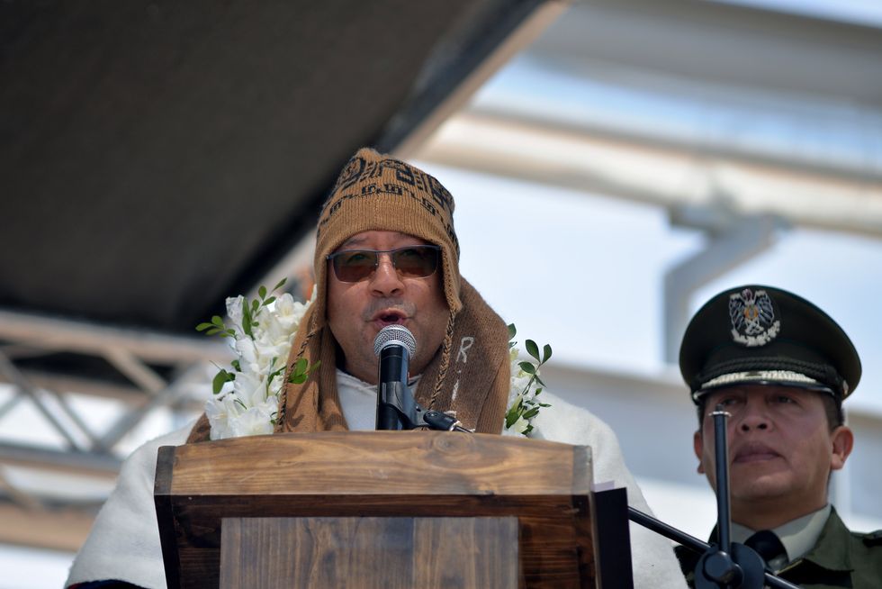 President Luis Arce Catacora gives a speech after the inauguration of the lithium carbonate extraction plant at the Uyuni salt flats.