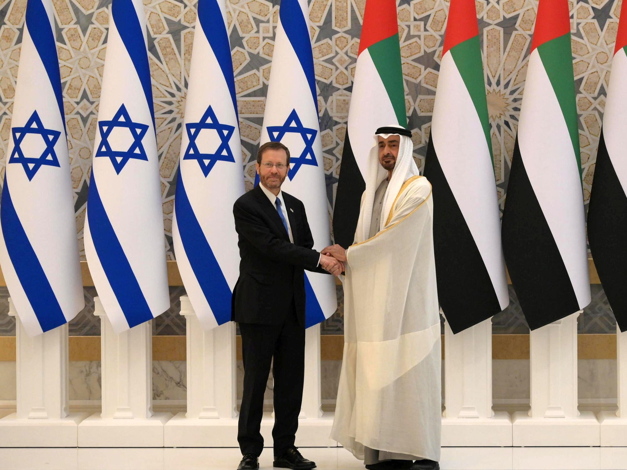 President of Israel, Isaac Herzog meeting with the Crown Prince of Abu Dhabi, Mohamed bin Zayed Al Nahyan during a visit to the United Arab Emirates in January 2022.