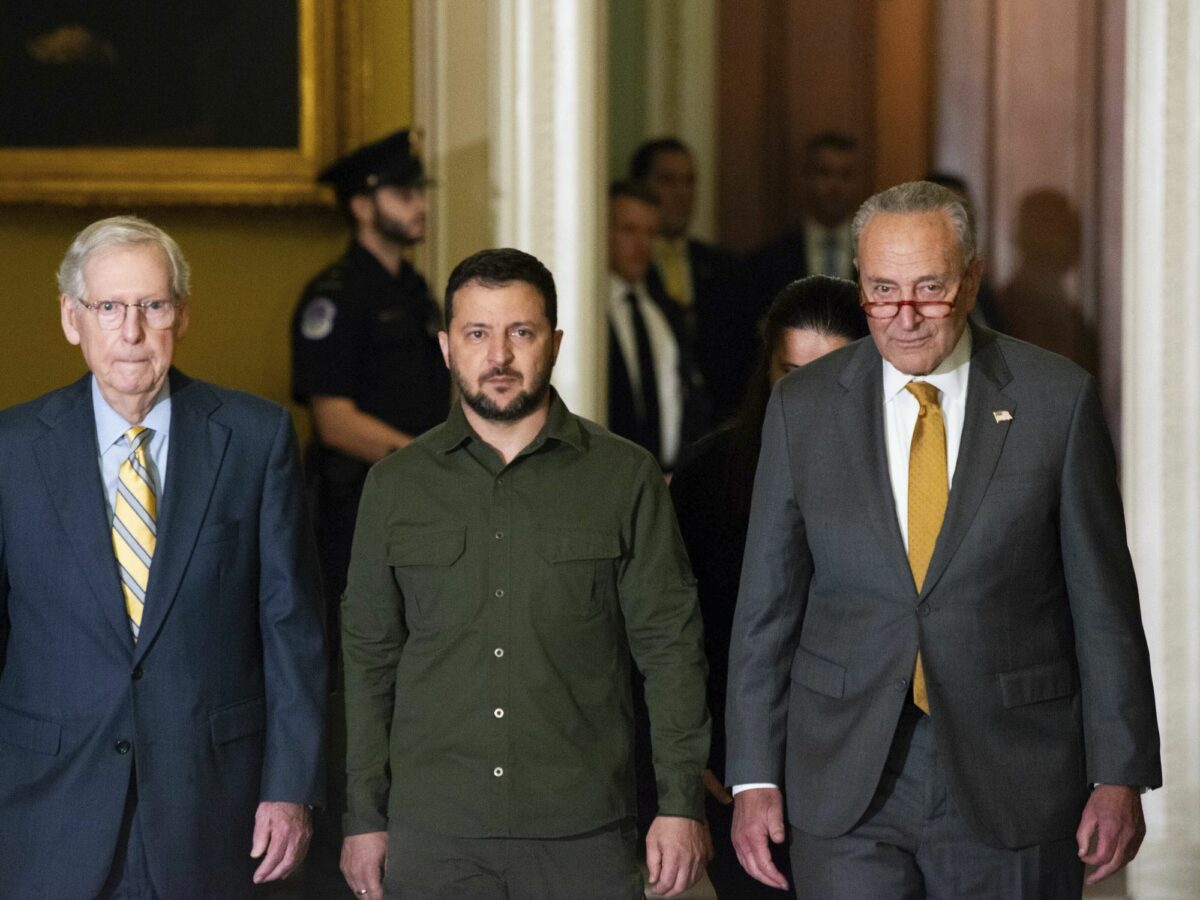 President of Ukraine Volodymyr Zelensky with US Senate Minority Leader Mitch McConnell (Republican of Kentucky) and US Senate Majority Leader Chuck Schumer (Democrat of New York) in the Ohio Clock Corridor in the Capitol.