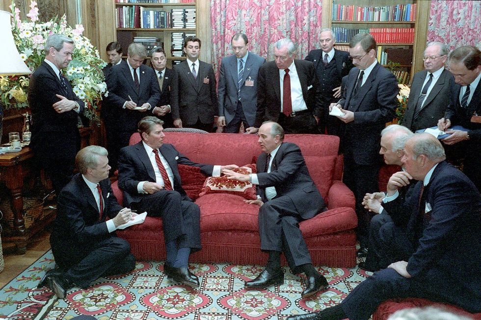 President Ronald Reagan meeting with Soviet General Secretary Mikhail Gorbachev at Maison de Saussure during the Geneva summit