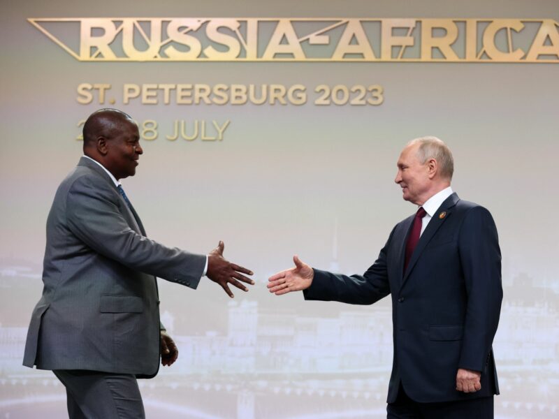 President Vladimir Putin shakes hands with President Faustin-Archange Touadera