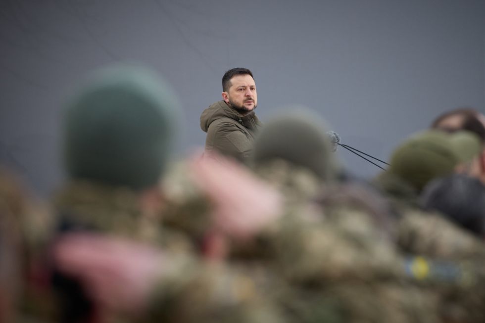 President Volodymyr Zelensky holds a ceremony to present state awards at St Sophia's Square in Kyiv on the anniversary of Russia's invasion of Ukraine on 24 February.
