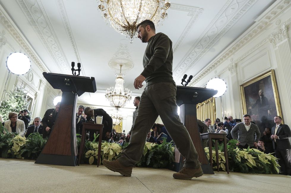President Volodymyr Zelensky of Ukraine departs after a joint press conference with President Joe Biden