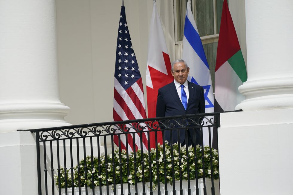 Prime Minister Benjamin Netanyhu of Israel at the White House in Washington, DC, during the signing ceremony of the 'Abraham Accords' with Sheikh Abdullah bin Zayed bin Sultan Al Nahyan, Minister of Foreign Affairs and International Cooperation of the United Arab Emirates, and Dr. Abdullatif bin Rashid Alzayani, Minister of Foreign Affairs, Kingdom of Bahrain, in September 2020.