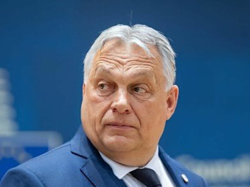 Prime minister Viktor Orban looking over his shoulder with a perplexed look on his face