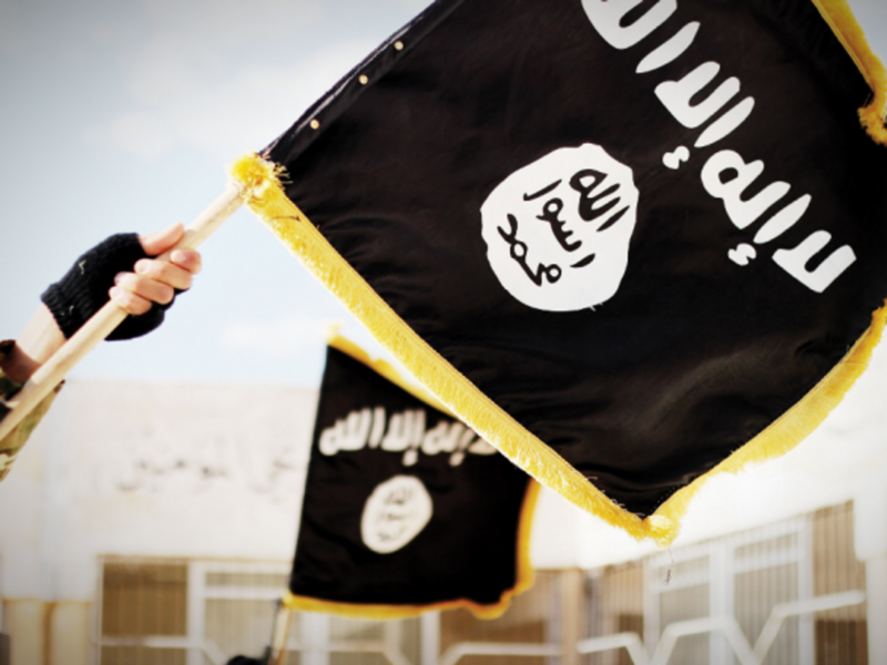 Propaganda image of ISIS flags floating in Raqqa, Syria