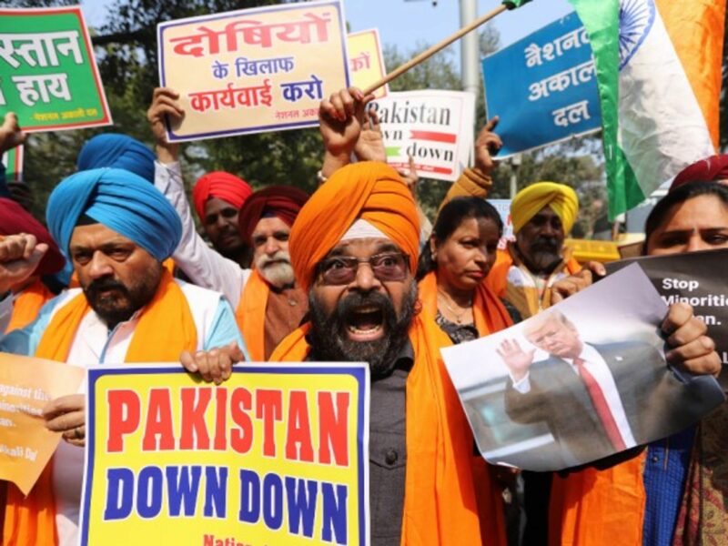 Protest demanding the US President Donald Trump to take action against Pakistan in Delhi in February 2020