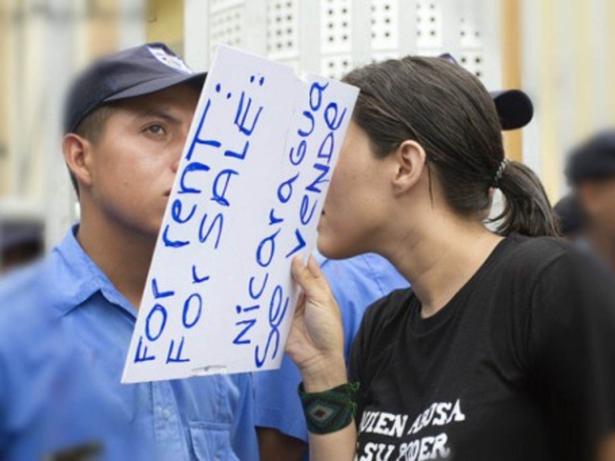 Protester accusing Managua of selling out Nicaragua's interests.