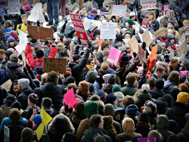 Protestors gathered at New York airports against the Muslim ban