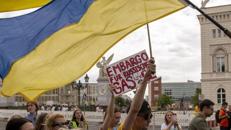 Protestors in Berlin, Germany call for a gas embargo on Russia