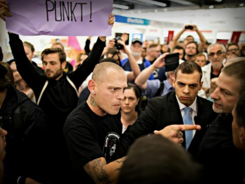Protests at Frankfurt book fair against Bjorn Hocke of far-right AfD party