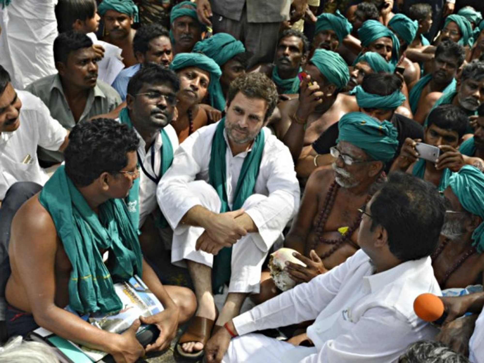 Rahul Gandhi during a farmers' protest in New Delhi in March