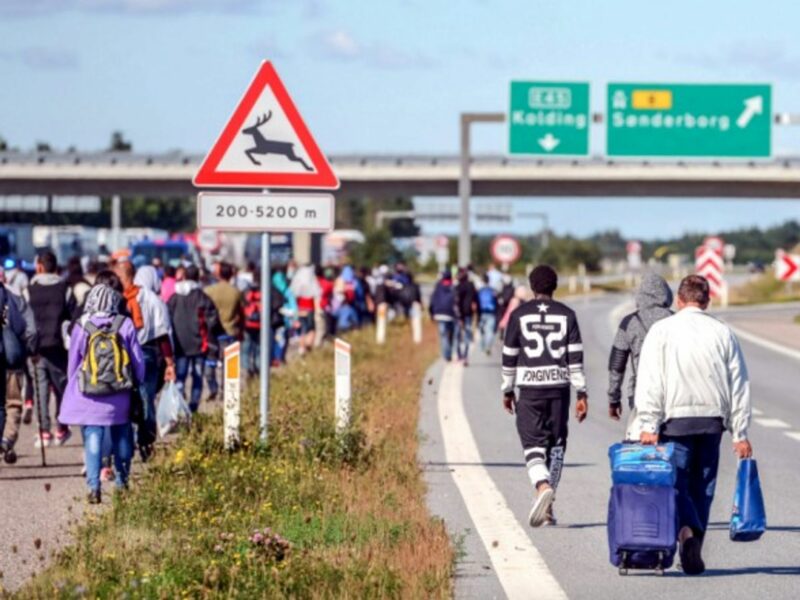 Refugees walking along a Danish road in 2015