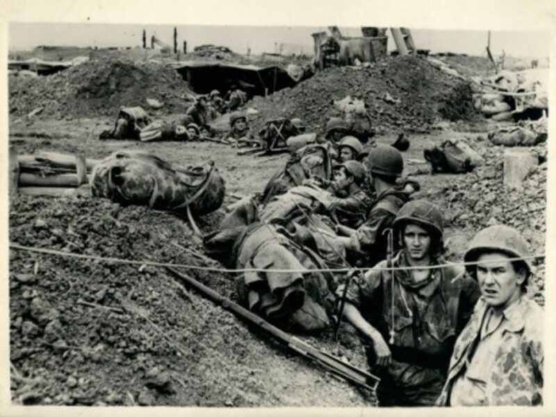Reinforcements occupying positions in the dug-outs during the battle of Dien Bien Phu