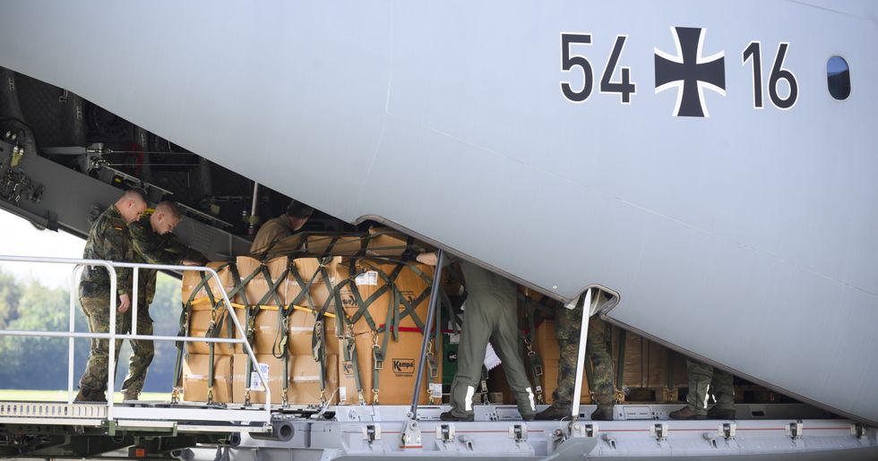 Relief supplies destined for Libyan flood victims loaded at the German Air Force at the Wunstorf air base.