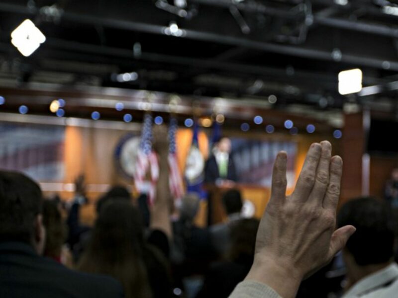 Reporters ask questions in Washington D.C. in May.