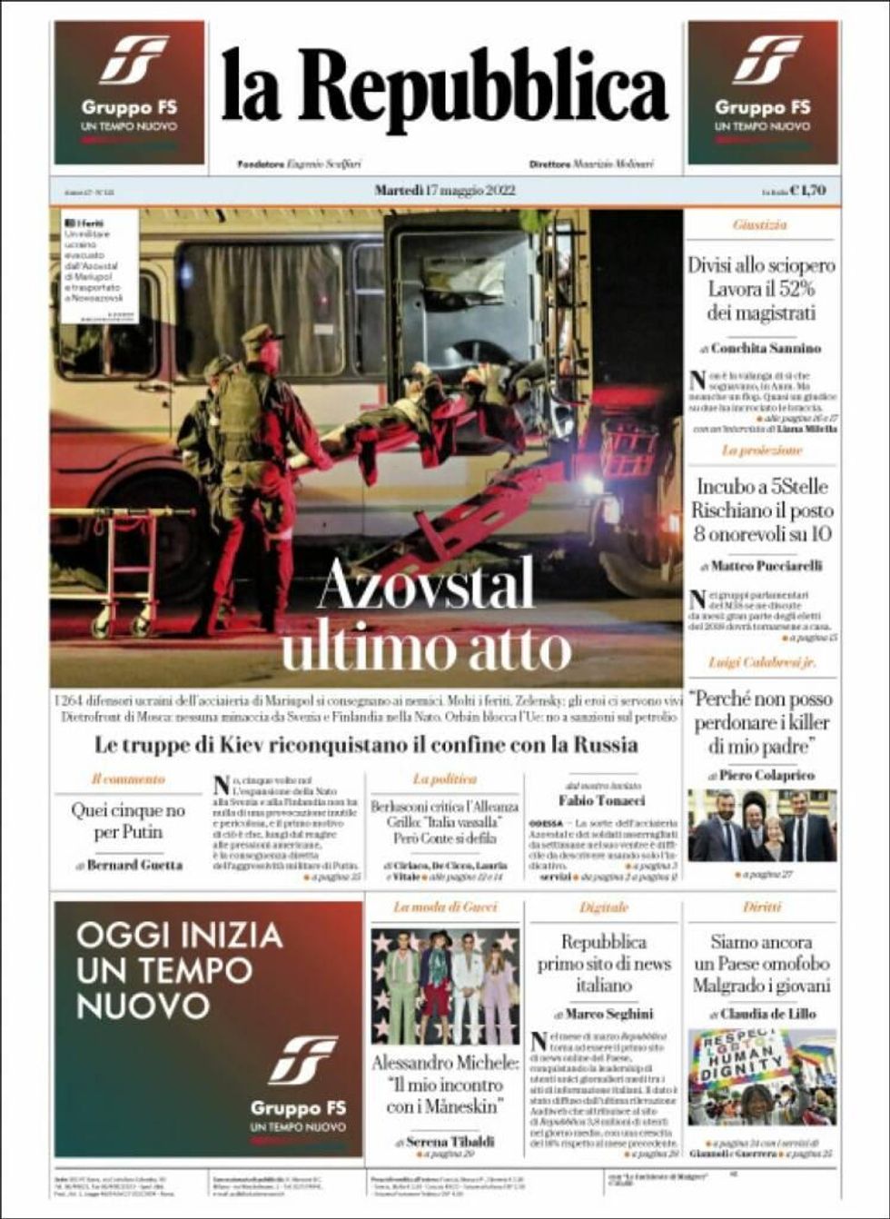 Rome-based La Repubblica front page "Azovstal last act"
