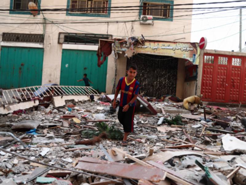 Rubble at al-Shati refugee camp after Israeli airstrikes hit Gaza