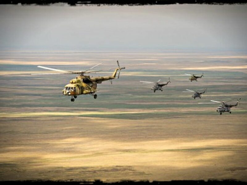 Russian helicopters flying over Kazakhstan