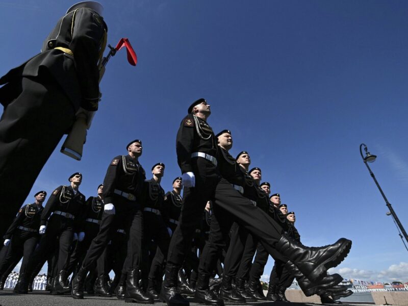 Russian naval infantry sailors march during Navy Day celebrations..