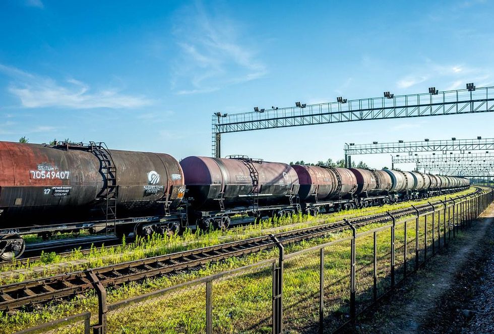 Russian oil tanks parked at a rail station