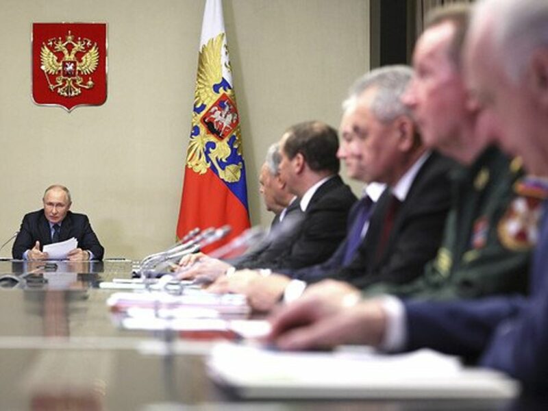 Russian President Vladimir Putin chairs a face-to-face meeting of the Security Council at the Novo-Ogaryovo presidential state residence.