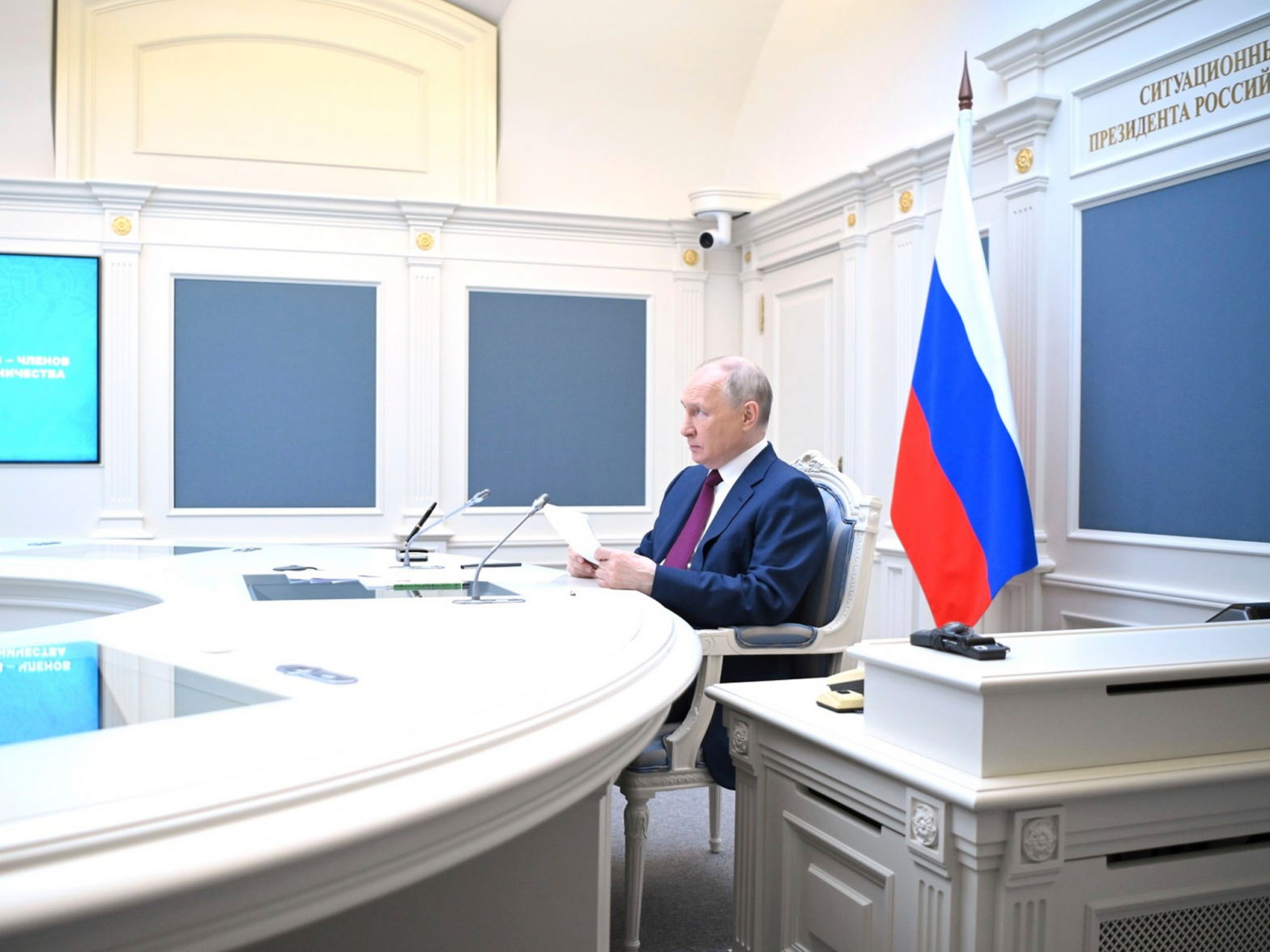 Russian President Vladimir Putin participates in a videoconference meeting of the Shanghai Cooperation Organisation Heads of State Council, from the Kremlin.