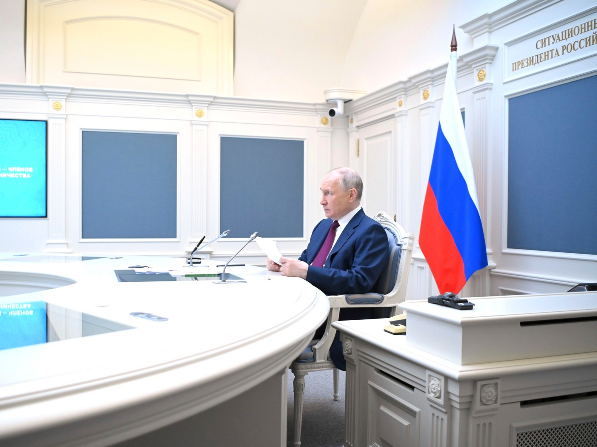 Russian President Vladimir Putin participates in a videoconference meeting of the Shanghai Cooperation Organisation Heads of State Council, from the Kremlin.