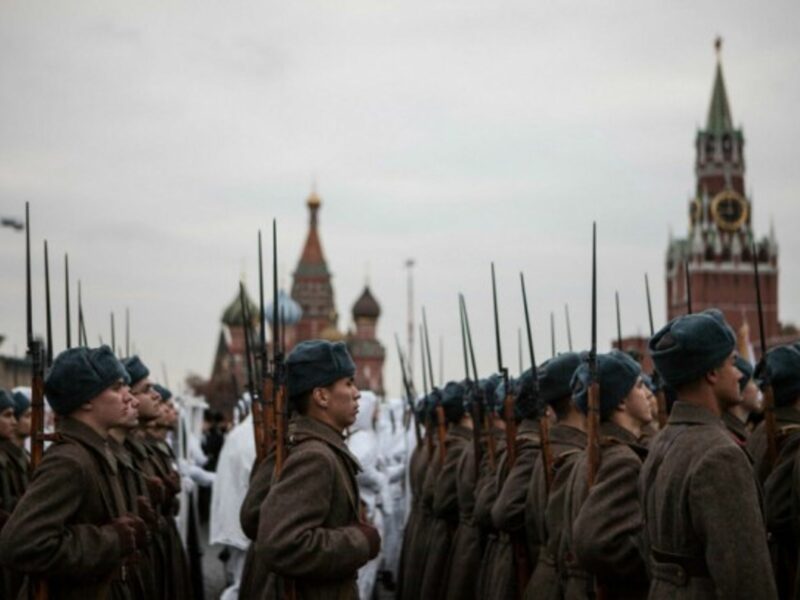 Russian soldiers marching in Moscow's Red Square