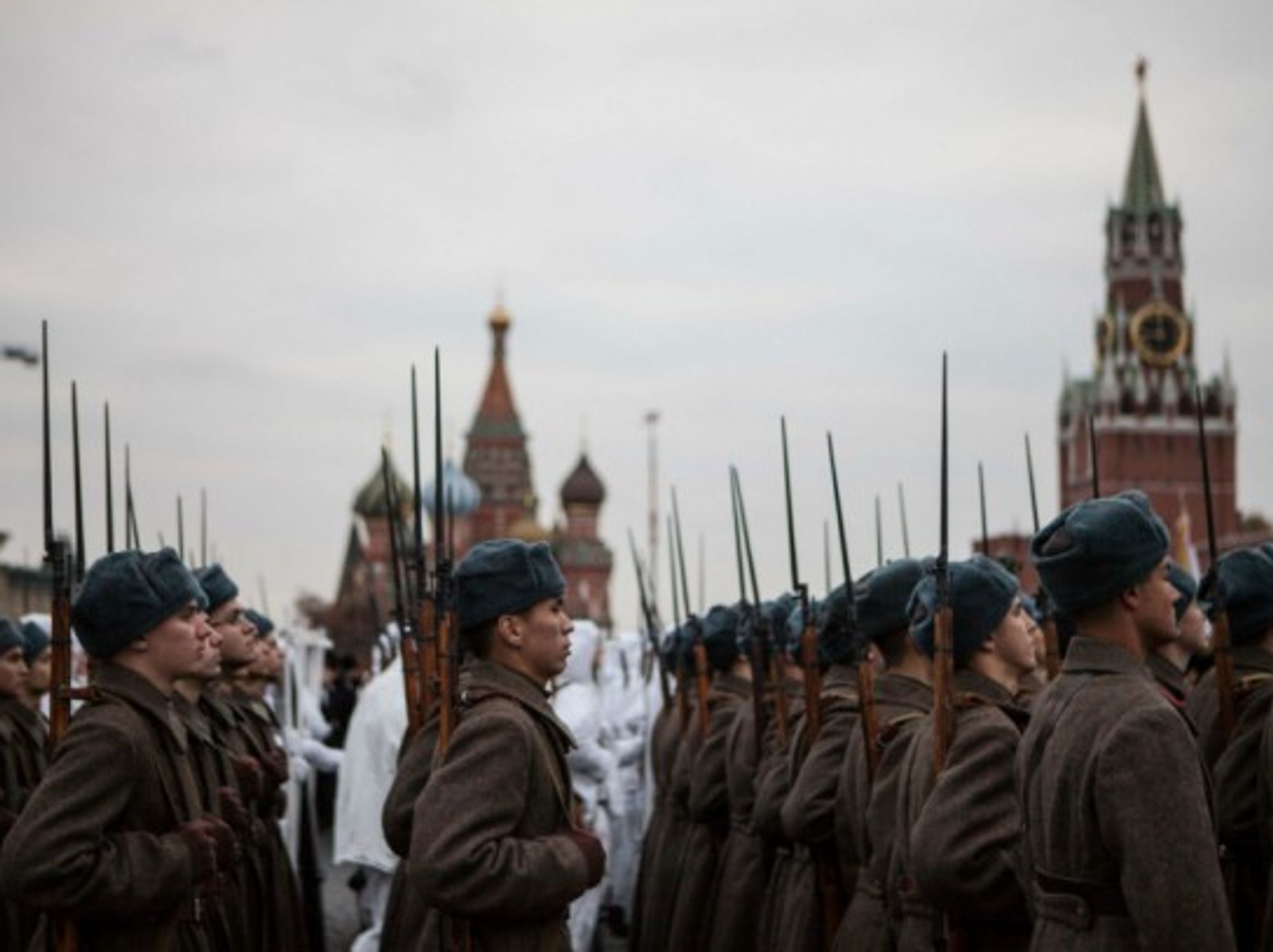 Russian soldiers marching in Moscow's Red Square