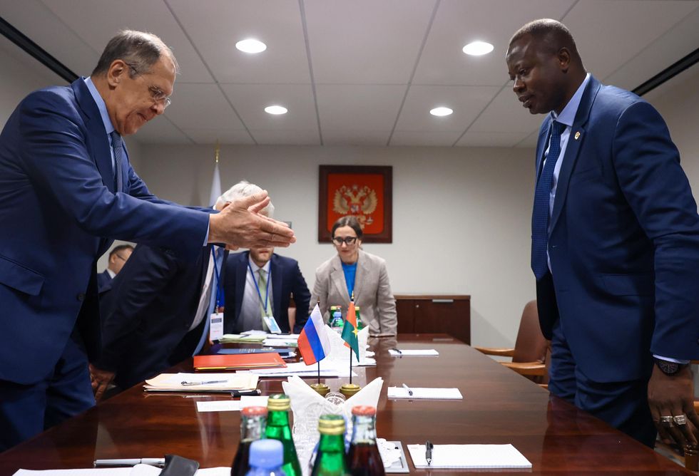 Russia's Foreign Minister and Burkina's Foreign Minister meet at the 77th session of the UN General Assembly at UN headquarters.
