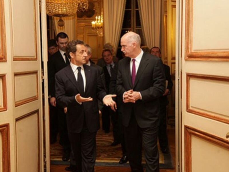 Sarkozy, shown with the Greek Prime Minister Papandreou, likes to mingle with French intellectuals.