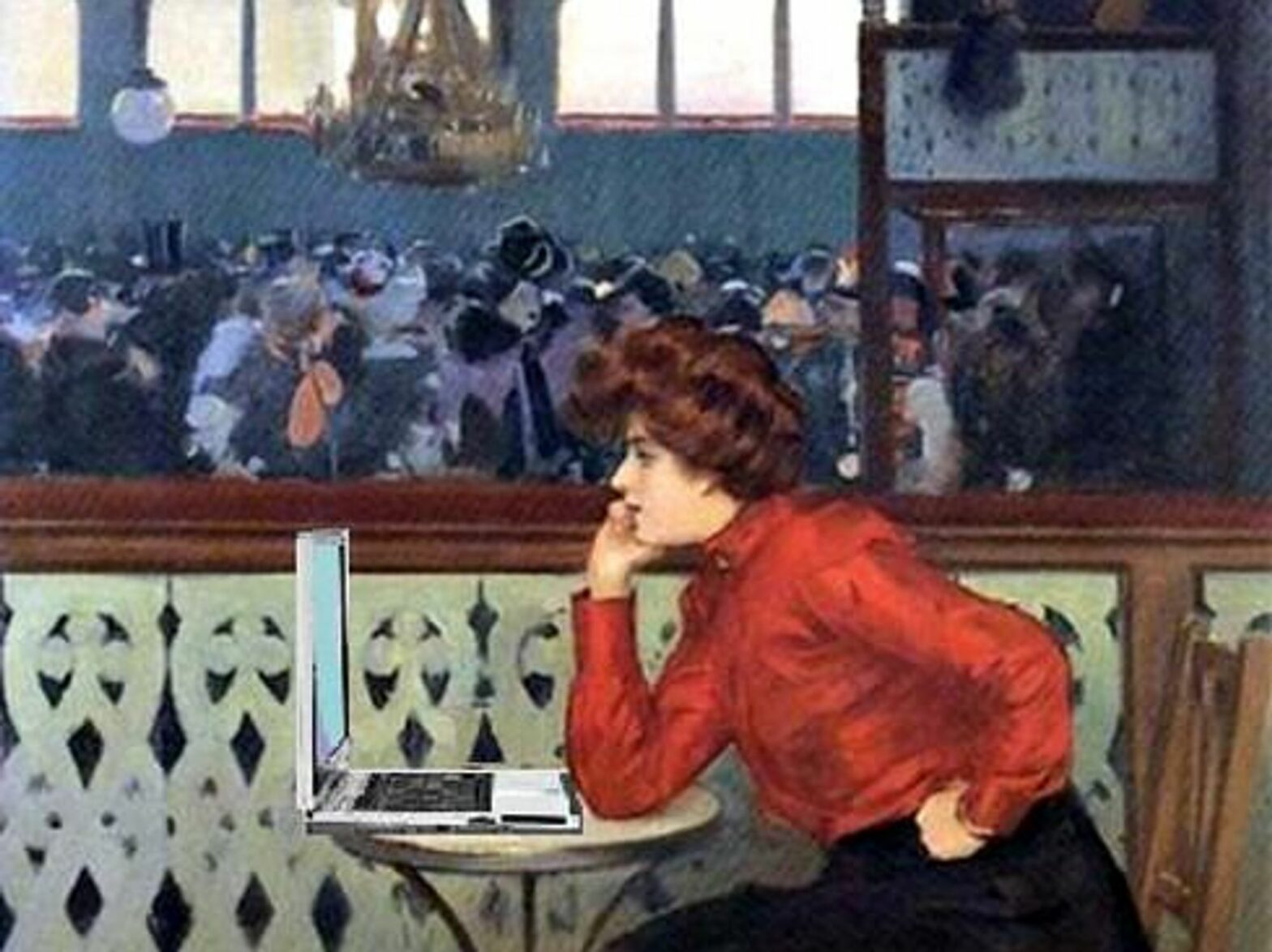 satiric painting of a 19th century woman at a cafe with a laptop