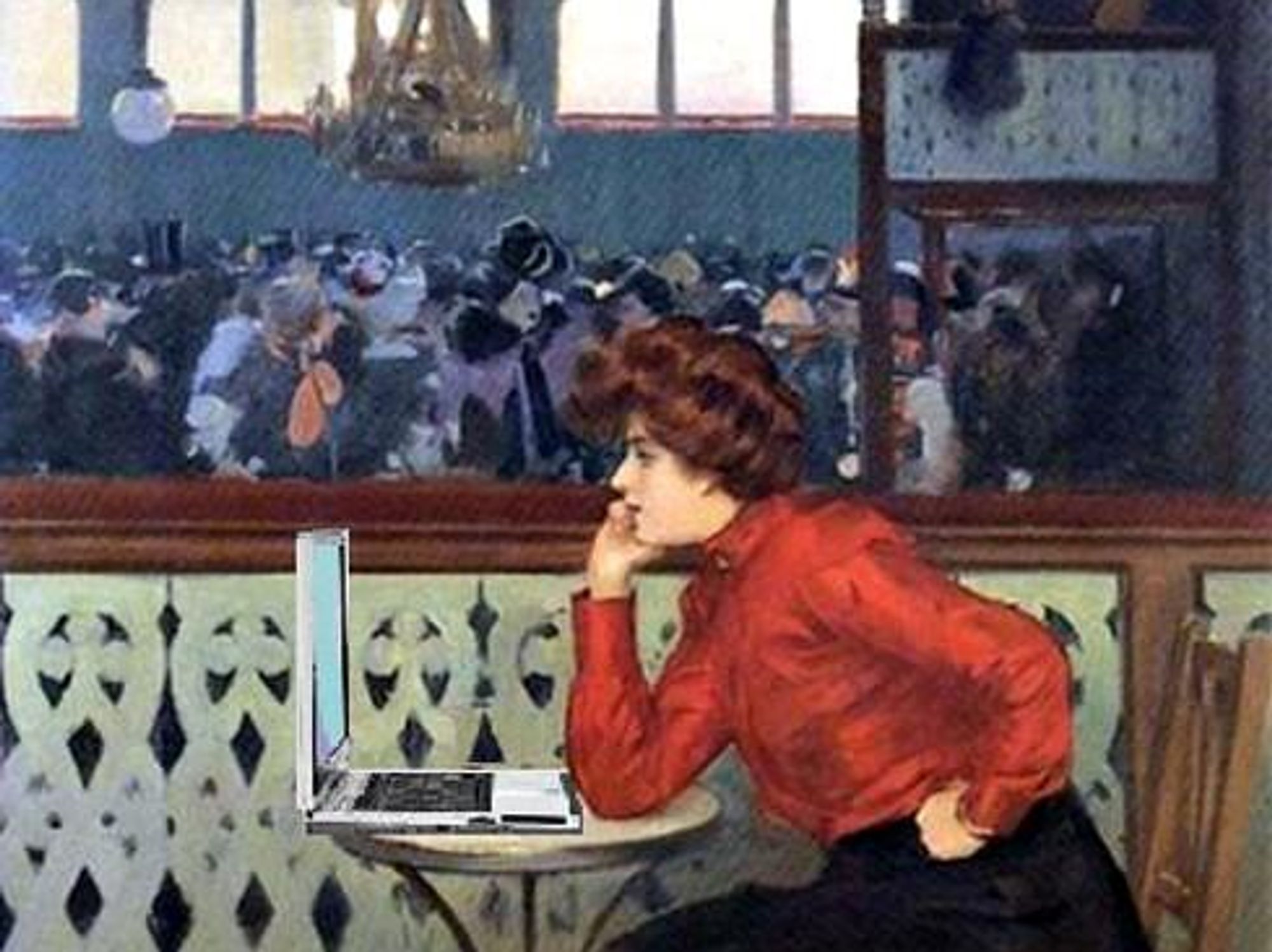 satiric painting of a 19th century woman at a cafe with a laptop