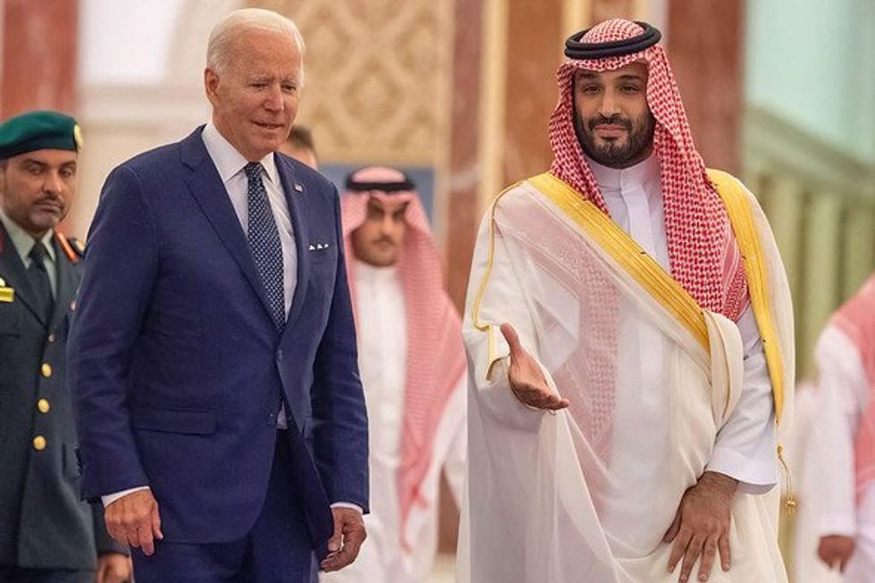 Saudi Arabia's Crown Prince Mohammed bin Salman Al Saud receives US President Joe Biden at the Royal Palace in Jeddah, Saudi Arabia. July 15, 2022