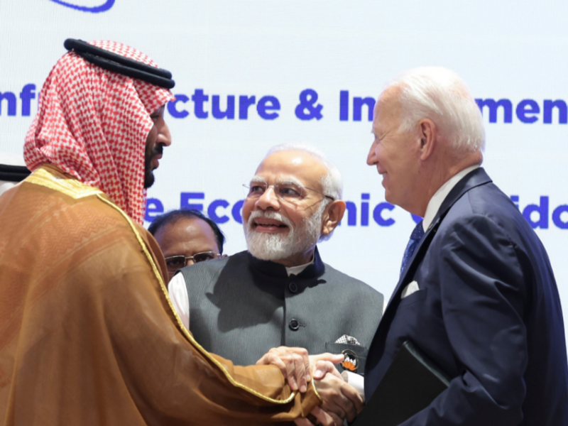 Saudi Crown Prince Mohammed bin Salman, Indian Prime Minister Narendra and U.S. President Joe Biden shaking hands during PGII & India-Middle East-Europe Economics Corridor event at the G20 Summit on Sept. 9 in New Delhi