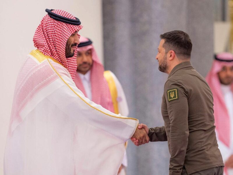 Saudi Crown Prince Mohammed bin Salman shaking hands with Ukrainian President Volodymyr Zelensky during the 32nd Arab Summit, in Jeddah, Saudi Arabia on May 19, 2023