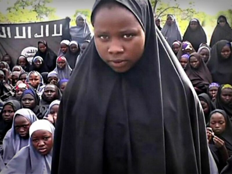 Screenshot of a Boko Haram video showing the "Chibok girls" kidnapped in April 2014