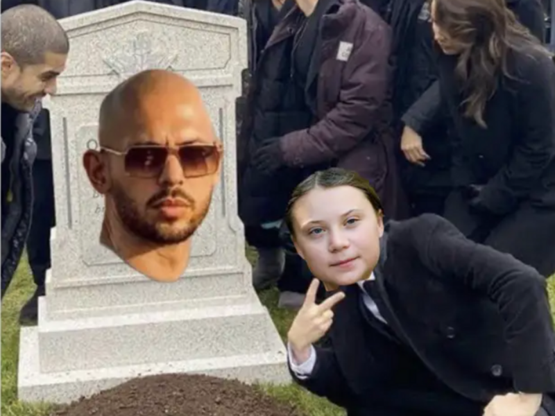Screenshot of a meme showing a photoshopped image of Greta Thunberg doing a V sign over Andrew Tate's grave